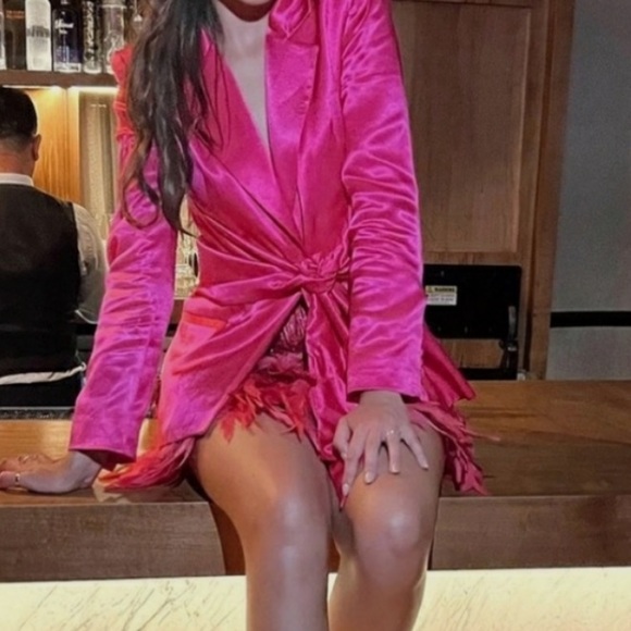 New Zara  Pink Satin One Button Structured Tie Sash Front Blazer - Picture 3 of 16